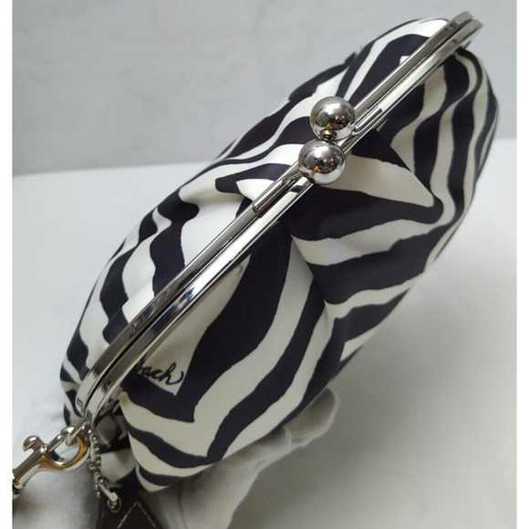 Coach Black White Satin Zebra Printed Kisslock Framed Wristlet - Wallet - Picture 5 of 15